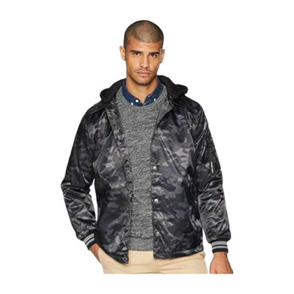 Members Only Men's Twill Coach Jacket with hood Color grey/camo Size Medium - Picture 6 of 6